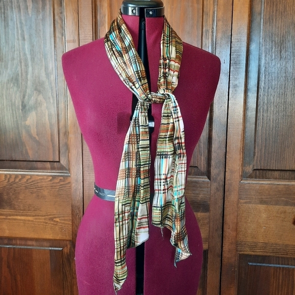 Vintage satin metallic plaid print mod scarf - Picture 1 of 5